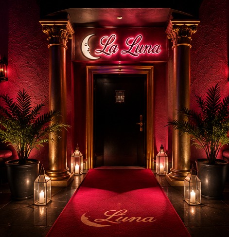 Acceso interior con alfombra roja y faroles